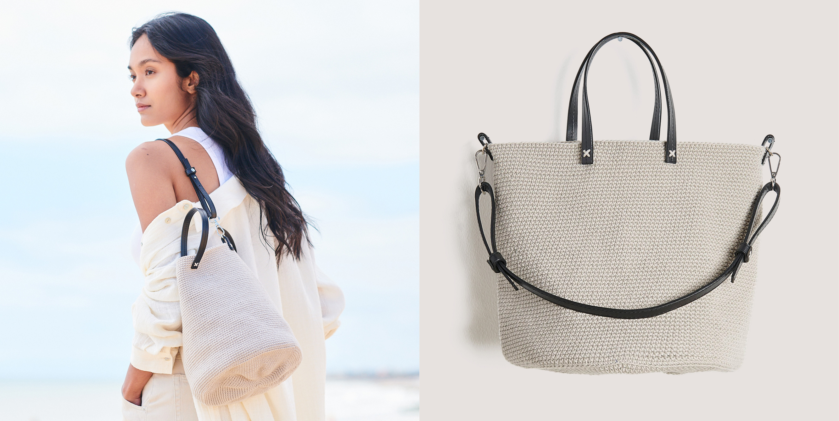 Gehäkelte Tasche Modell 08 aus Lovewool No. 18 getragen am Model und präsentiert vor einer grauen Wand
