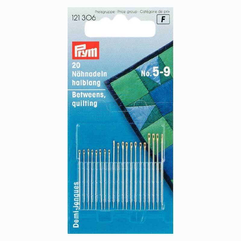 Nähnadeln silber halblang No. 5-9 20 Stück von Prym, ideal für Quilting, in einer blauen Verpackung.