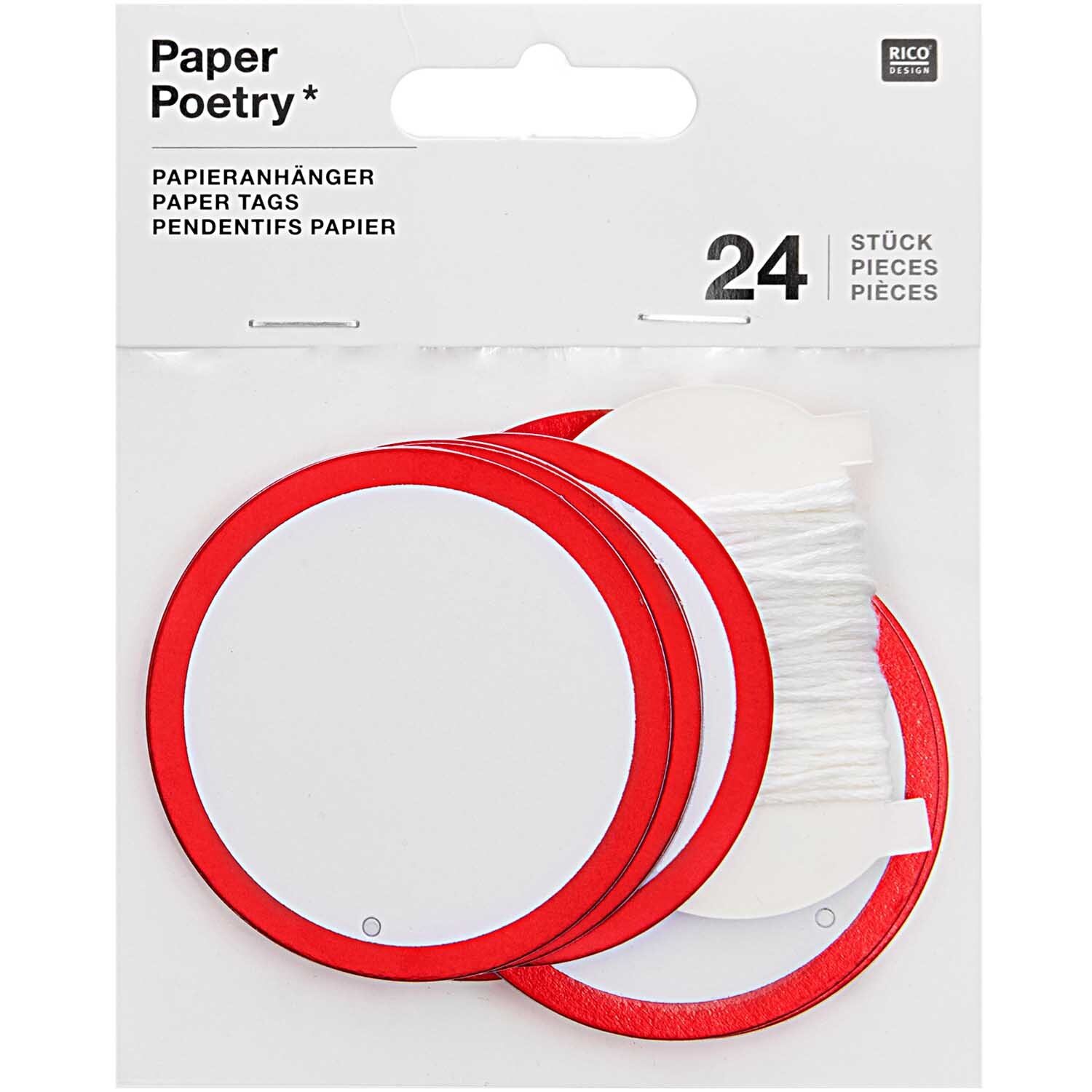 Paper Poetry Papieranhänger in Kreisform, 24 Stück, mit rotem Rand und weißem Zentrum, ideal für Geschenke. Marke: Rico Design.