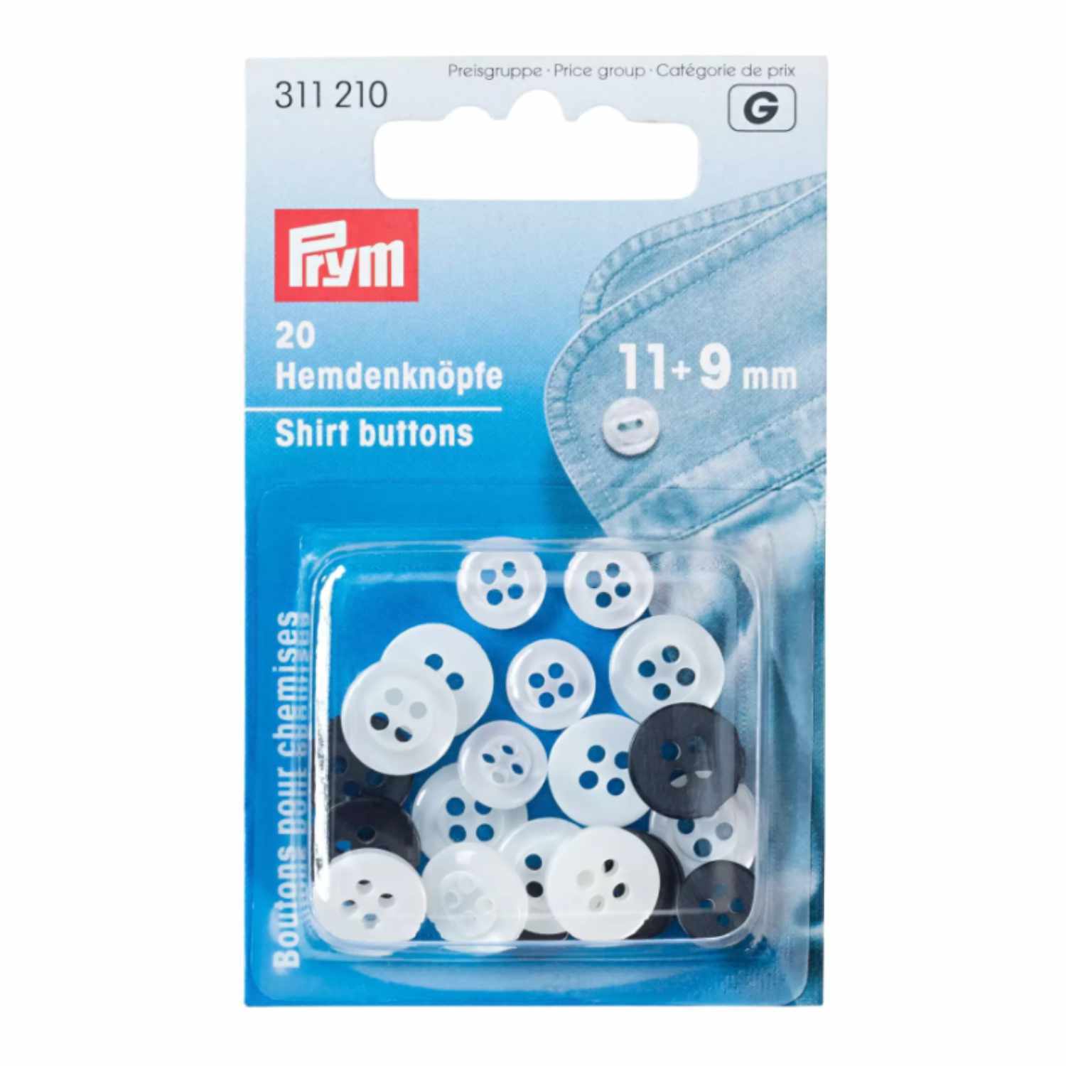 Hemdenknöpfe perlmutt-anthrazit von Prym, 20 Stück in 11mm und 9mm, auf blauem Karton abgebildet.