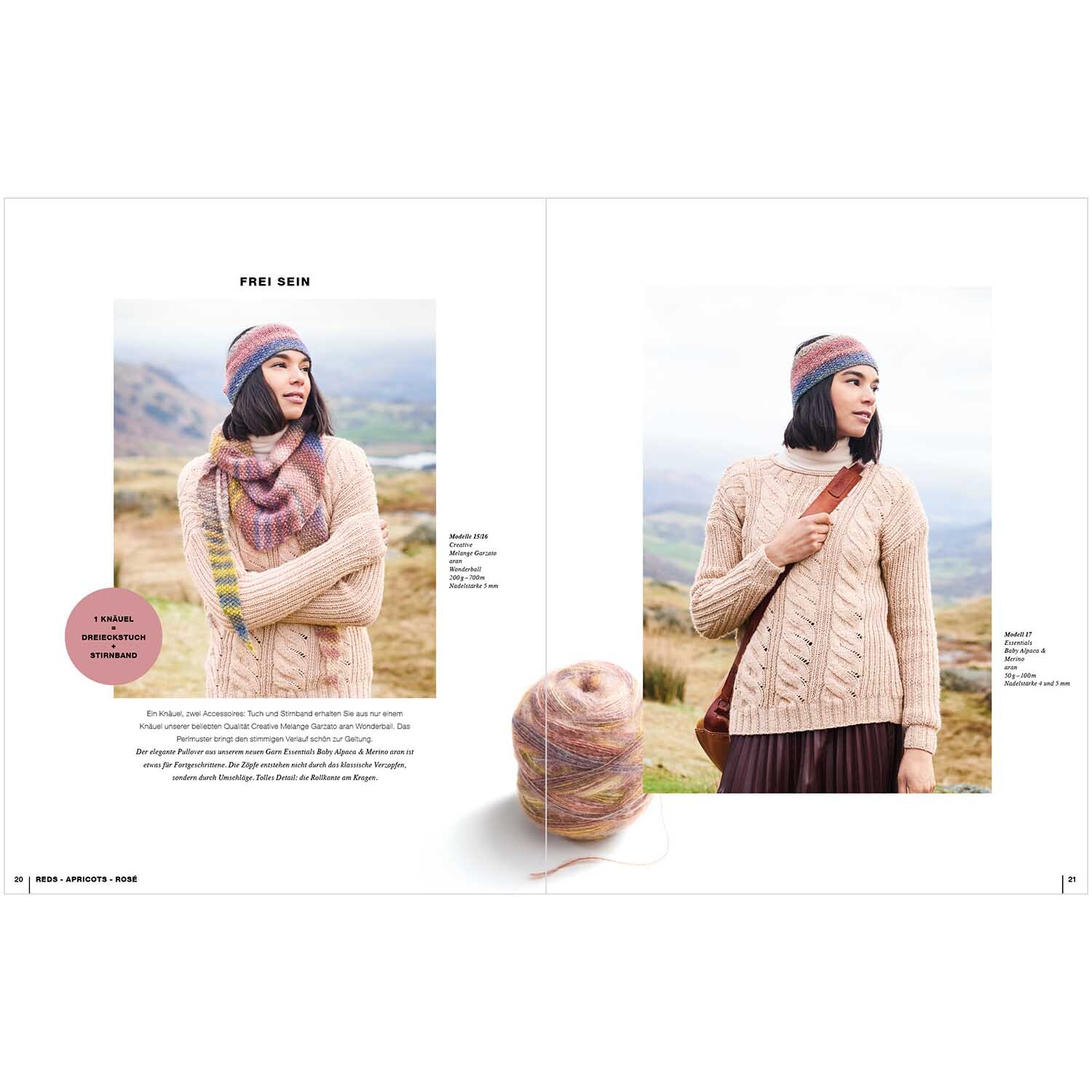 Lovewool Nr.15 Handstrickmagazin Herbst-Winter zeigt ein Modell in beigem Strickpullover und Mütze von Rico Design in herbstlicher Landschaft.