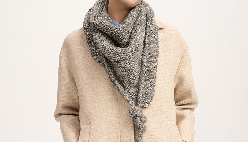 Strickanleitung Dreieckstuch & Stirnband aus Fashion Alpaca Tweed Chunky: Frau trägt graues, gestricktes Dreieckstuch über beigem Mantel.