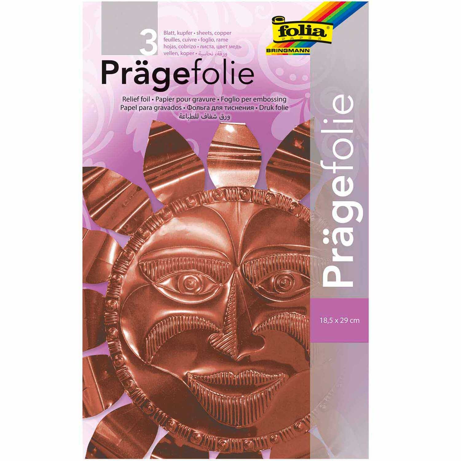 Prägefolie 18,5x29,5cm 3 Bogen zeigt ein kupferfarbenes Sonnenmotiv, ideal für kreative Projekte. Marke: folia.