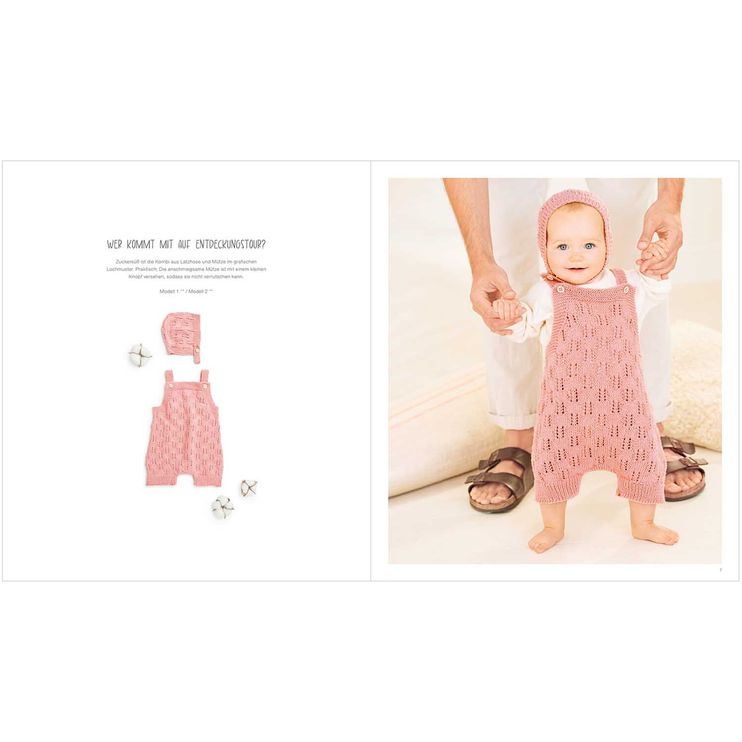 Rico Baby Heft Nr.37 zeigt ein Baby in rosa Strickkleidung, gehalten von einem Erwachsenen.