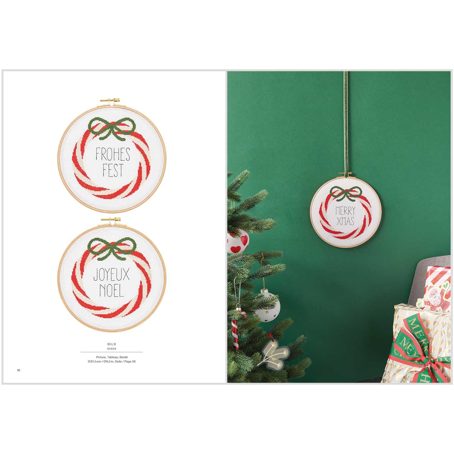 Stickbuch Christmas Joy Nr. 182 zeigt festliche Stickmotive mit Weihnachtsgrüßen und Dekorationen.