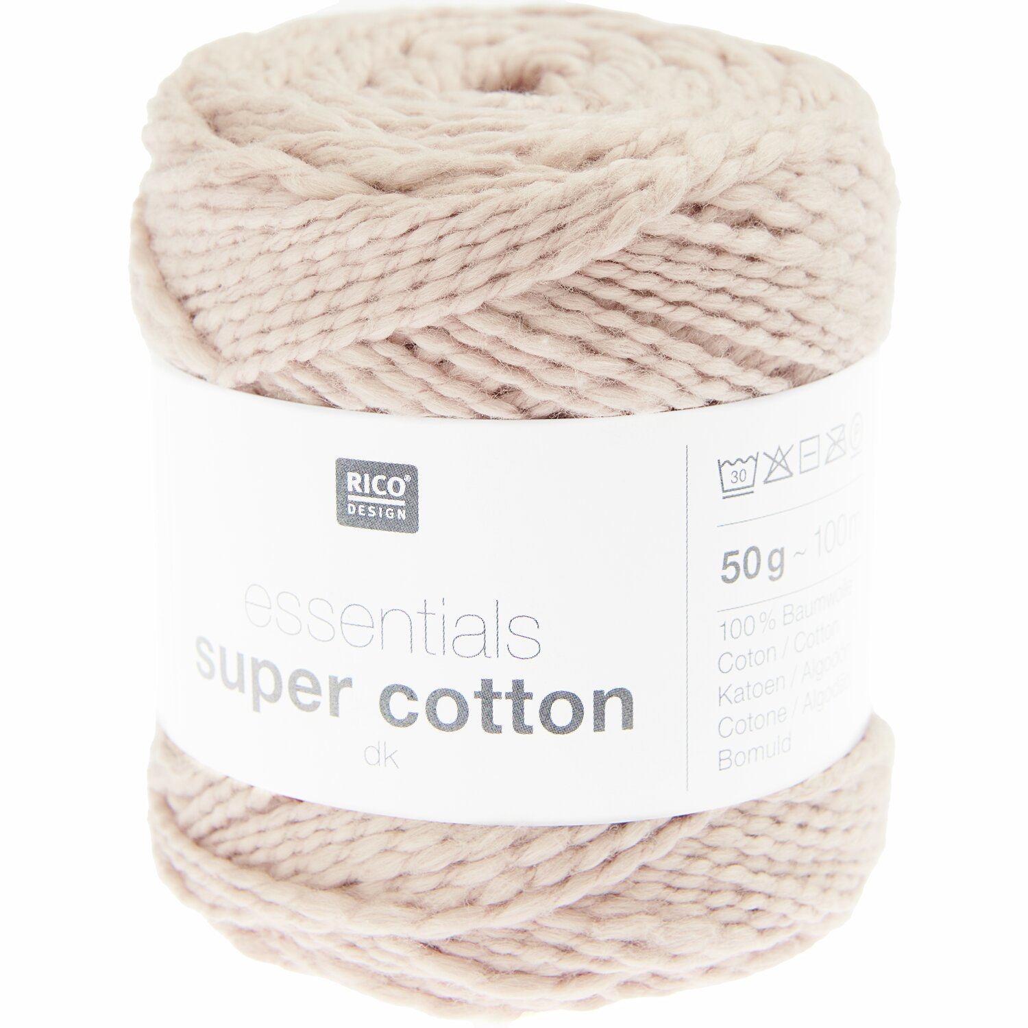 Essentials Super Cotton dk, Rico Design: Beigefarbene Baumwollgarnrolle, 50g, 100m, ideal für Strickprojekte.