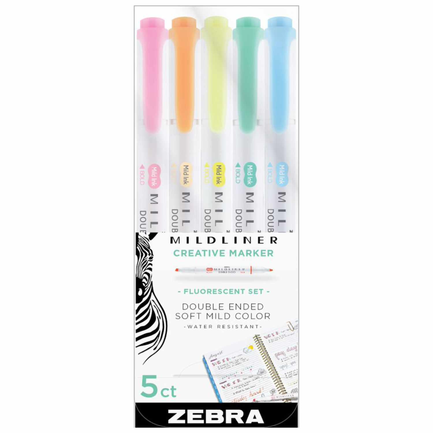 Mildliner Textmarker mit 2 Spitzen, 5er Set in fluoreszierenden Farben, Marke ZEBRA, ideal für kreative Projekte.