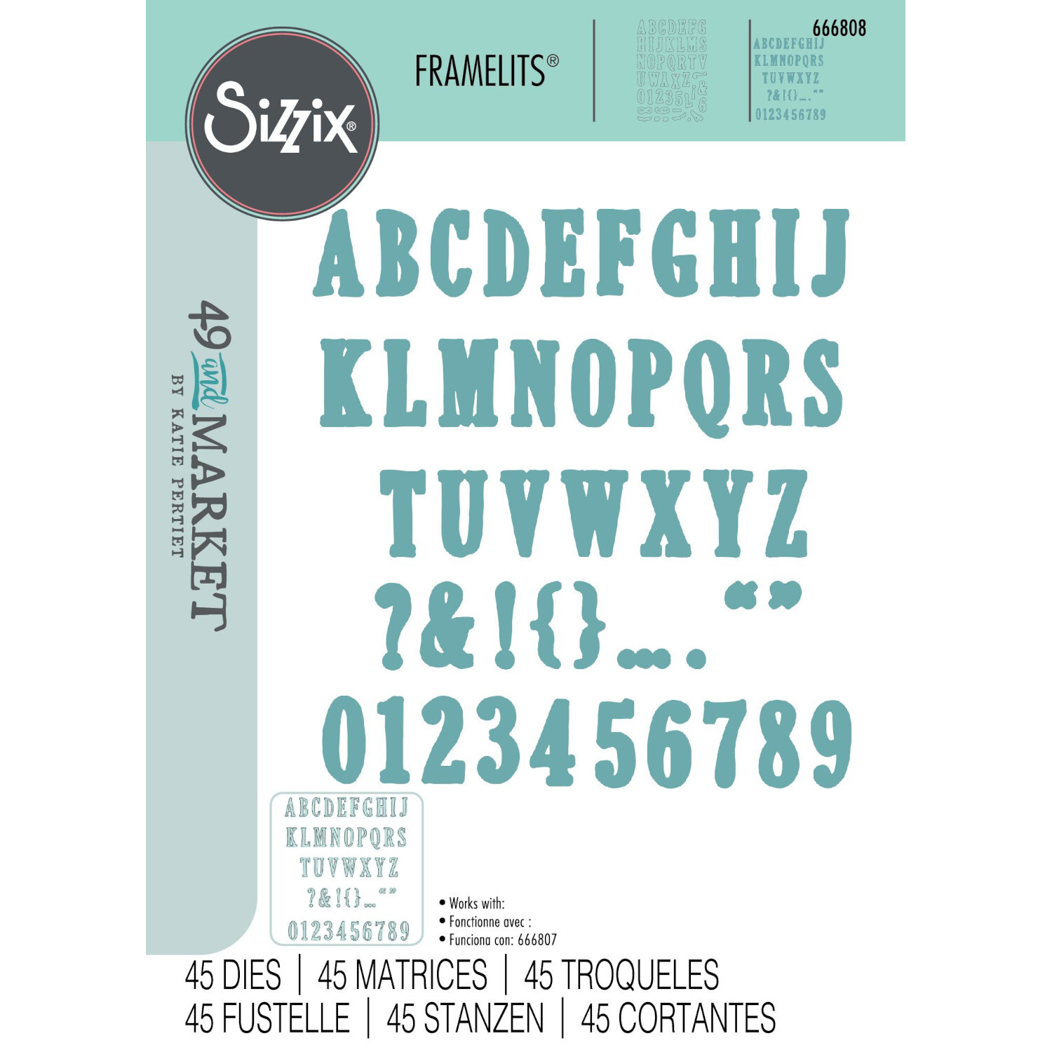 Framelits Die Set Fine Line Alpha #2 45PK von Sizzix mit Buchstaben und Zahlen in Blau.