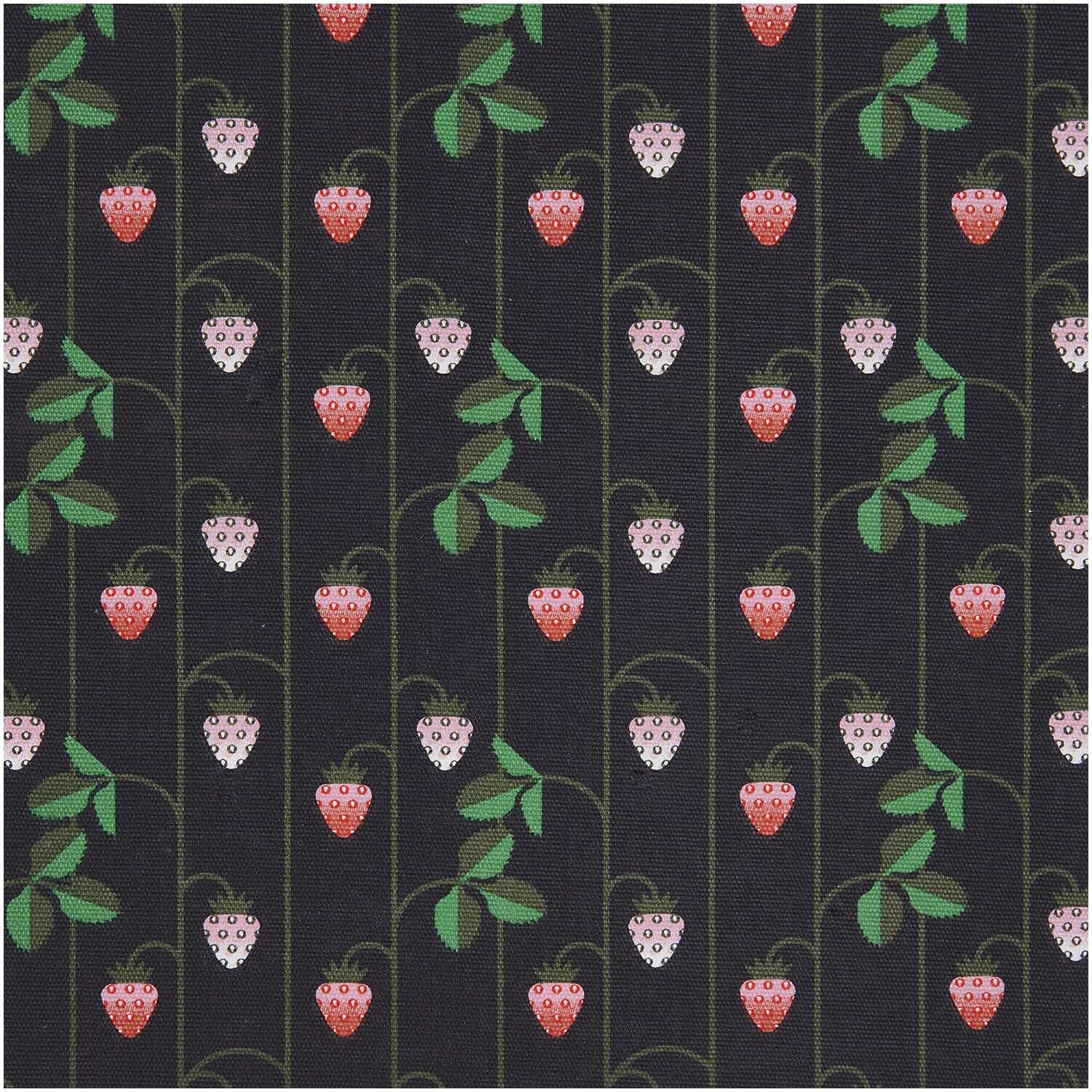 Stoffabschnitt Canvas Erdbeeren blau 50x140cm zeigt rote Erdbeeren auf dunkelblauem Hintergrund mit grünen Blättern. Ideal für kreative Nähprojekte.