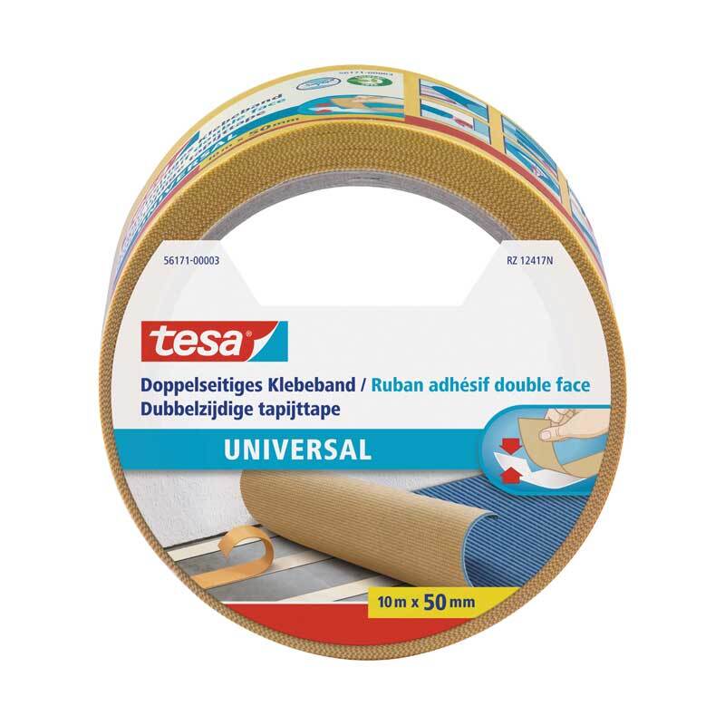 Klebeband universal doppelseitig 50mm 10m von tesa, ideal für vielseitige Anwendungen, abgebildet in Weiß auf einer Rolle.