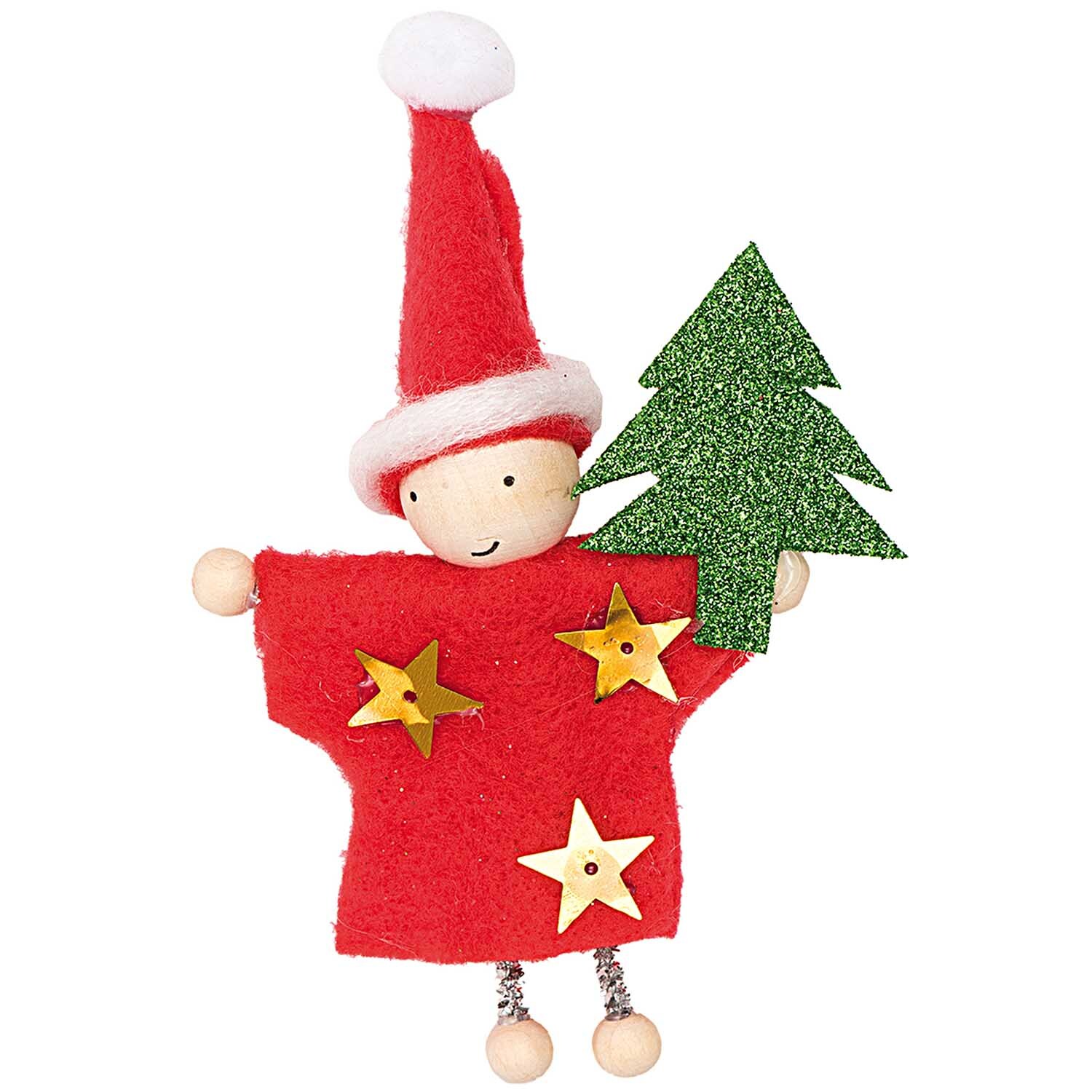 Geschenkanhänger Wichtel Weihnachten 1 mit rotem Filz, goldenen Sternen und grünem Glitzerbaum von Rico Design.