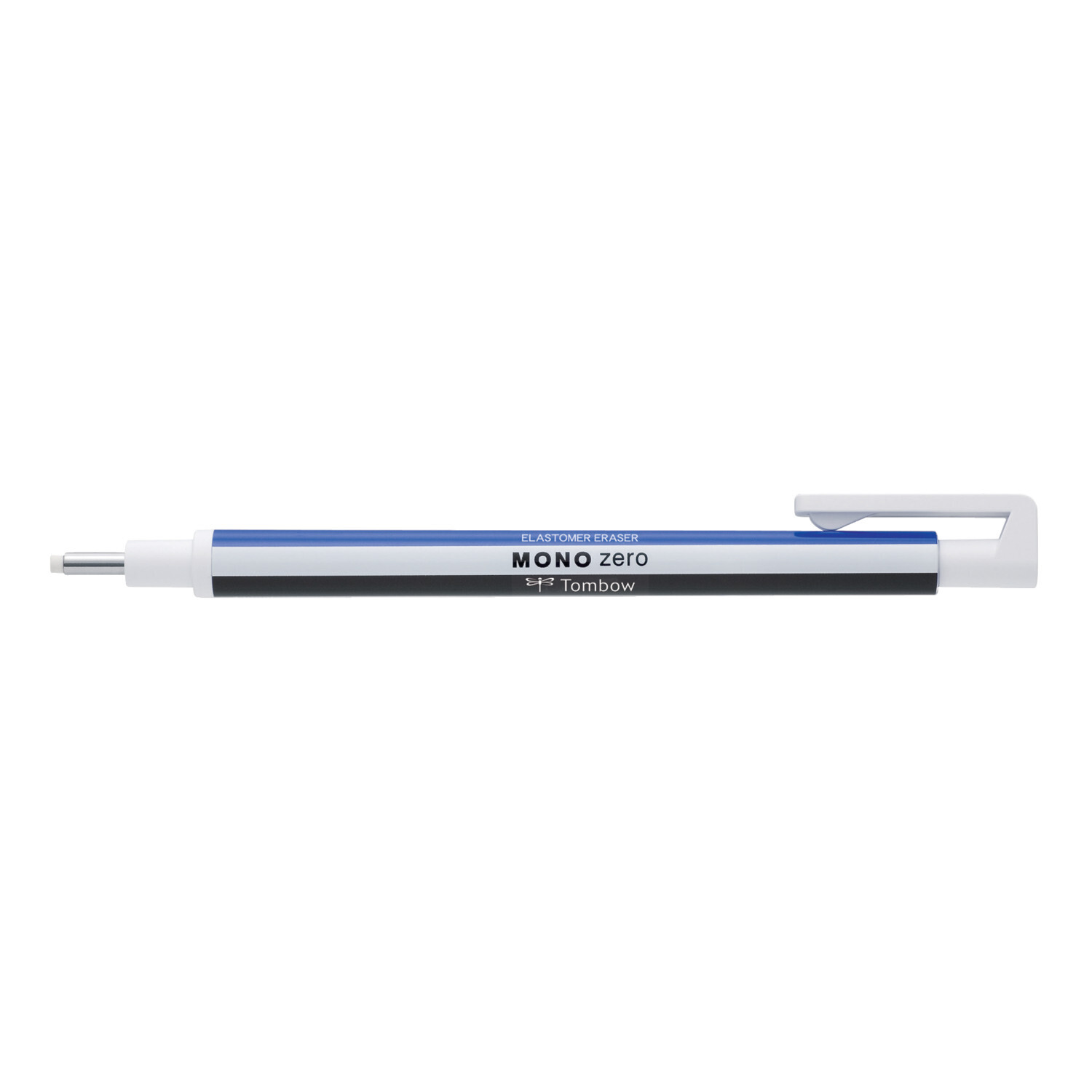 Radierstift MONO Zero mit runder Spitze in Blau, Weiß und Schwarz von Tombow, ideal für präzises Radieren.