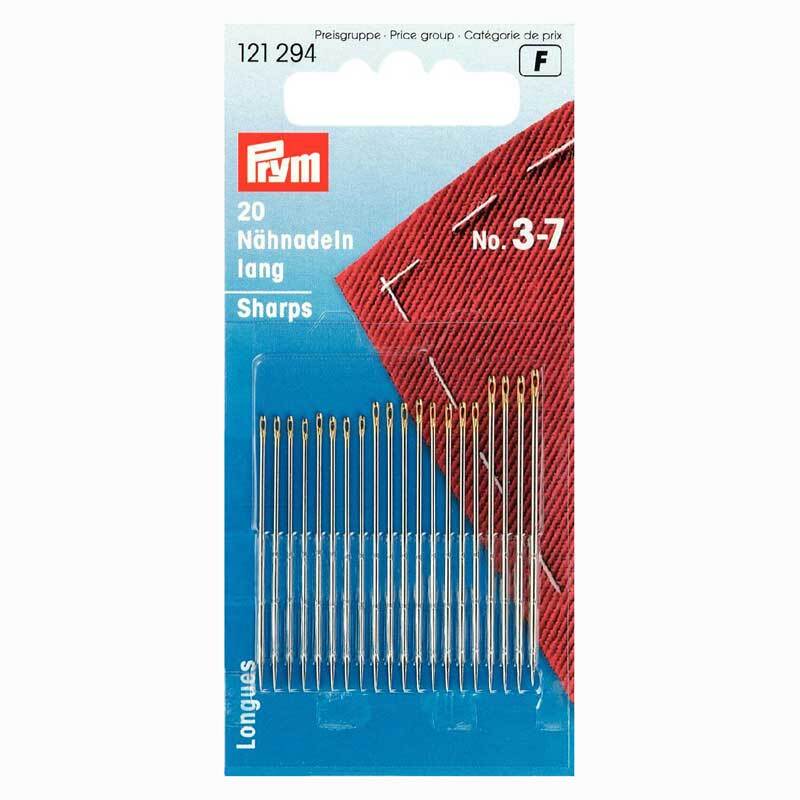 Nähnadeln silber lang No. 3-7 20 Stück von Prym, präsentiert auf einer blauen Verpackung mit roten Details.