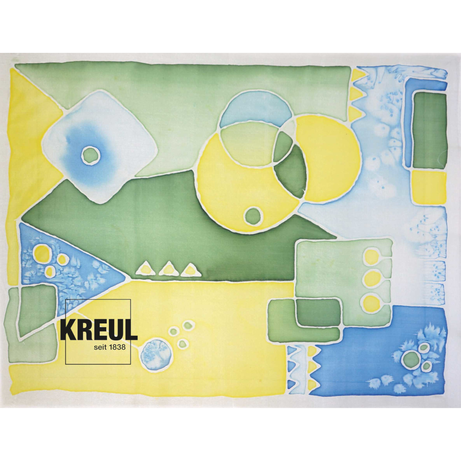 Javana Malen auf Seide Starterset: Buntes Design mit Kreisen und Rechtecken in Gelb, Grün und Blau von KREUL.