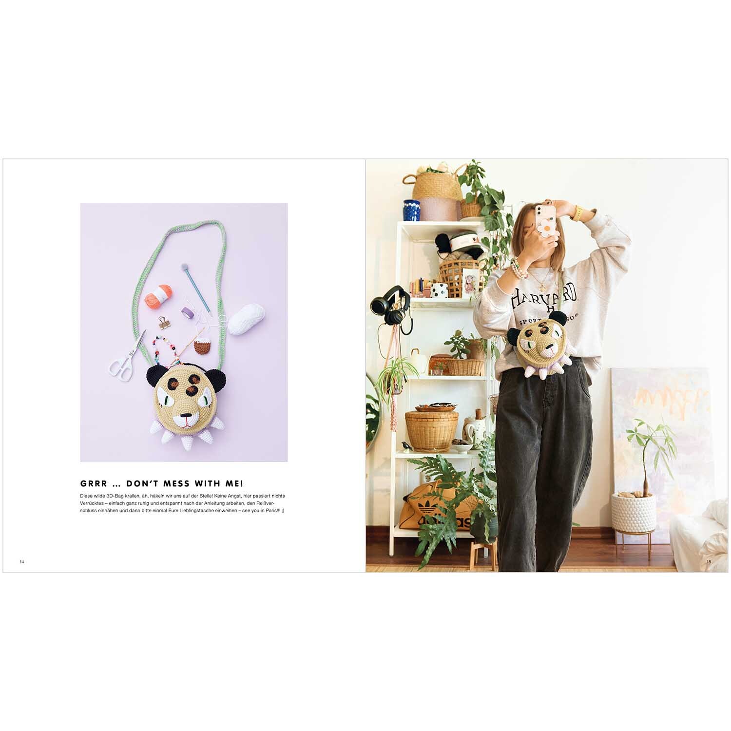 Cotton Aran - Just Bags + Things + Crazy Stuff Deutsch: Frau mit Panda-Tasche von Rico Design in modernem Raum.