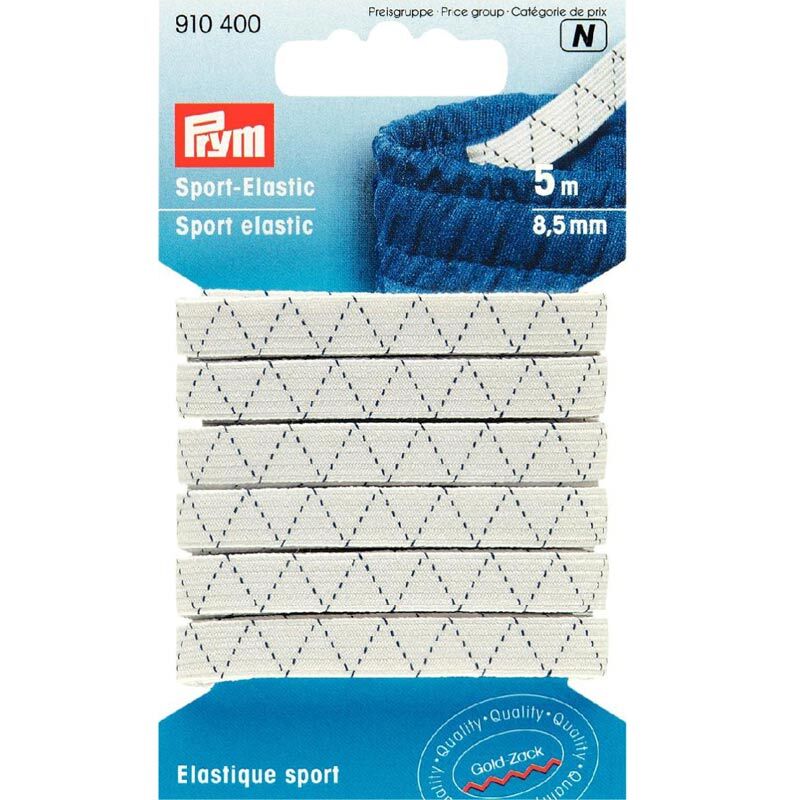 Sport-Elastic Gummi von Prym, 5m lang und 8,5mm breit, auf einer Verpackung mit blauem Hintergrund.