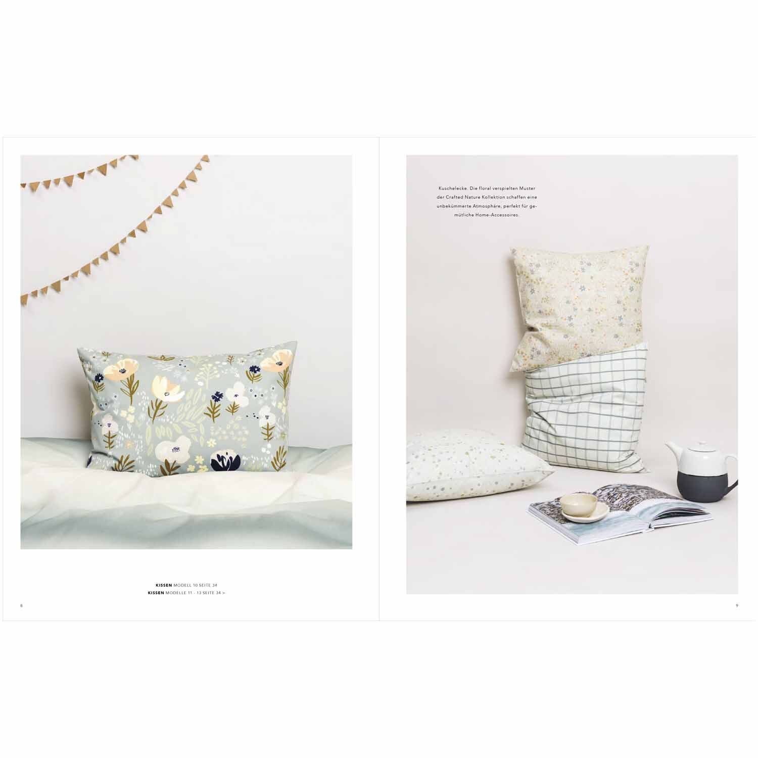 Das kleine Rico Nähbuch Crafted Nature zeigt dekorative Kissen mit floralen Mustern und sanften Farben. Ideal für kreative Wohnideen.