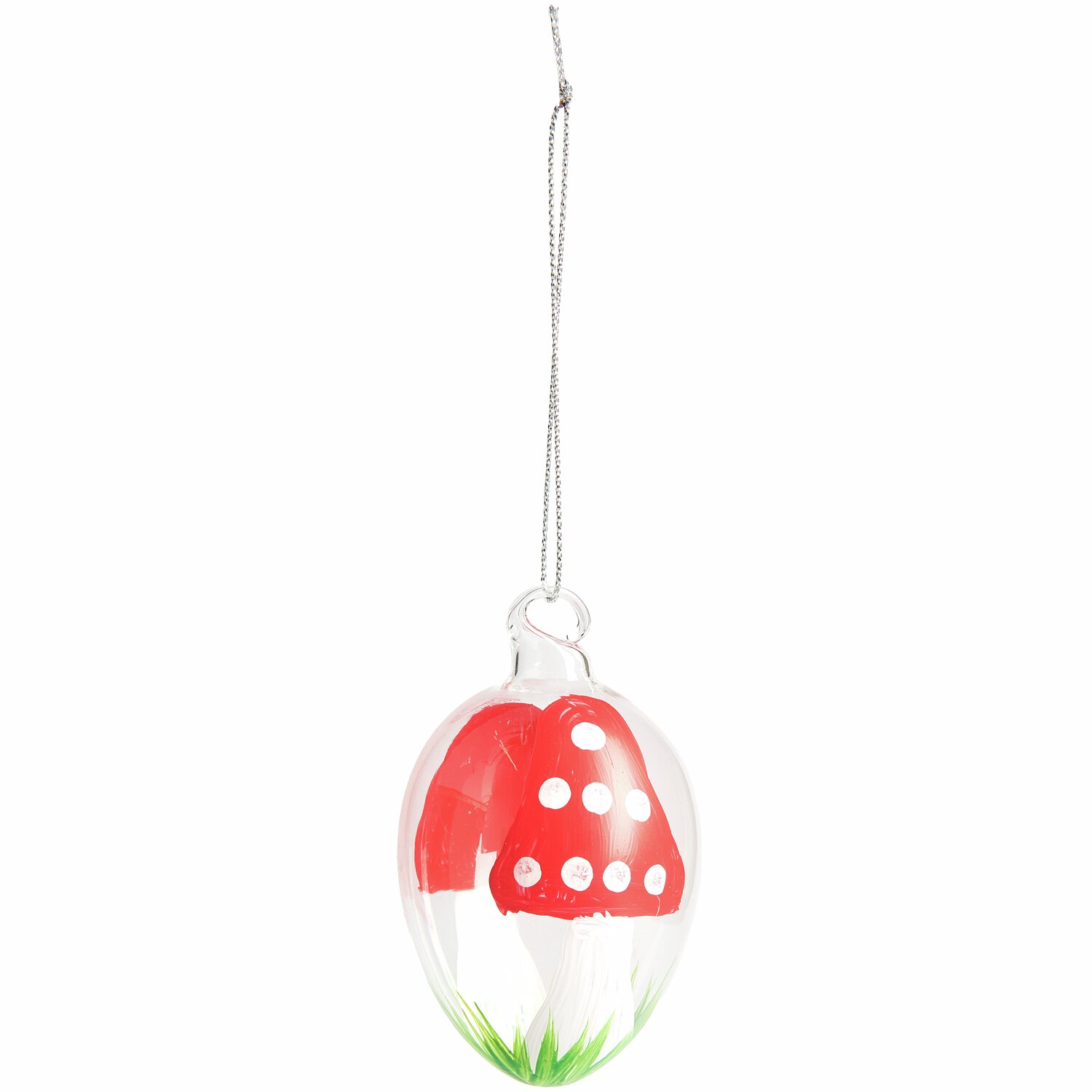 Glas Eier Fliegenpilz/Blumen 4 Stück: Dekoratives Glas-Ei mit rotem Fliegenpilz-Motiv, ideal für festliche Dekorationen. Größe: 8xØ4,5cm.