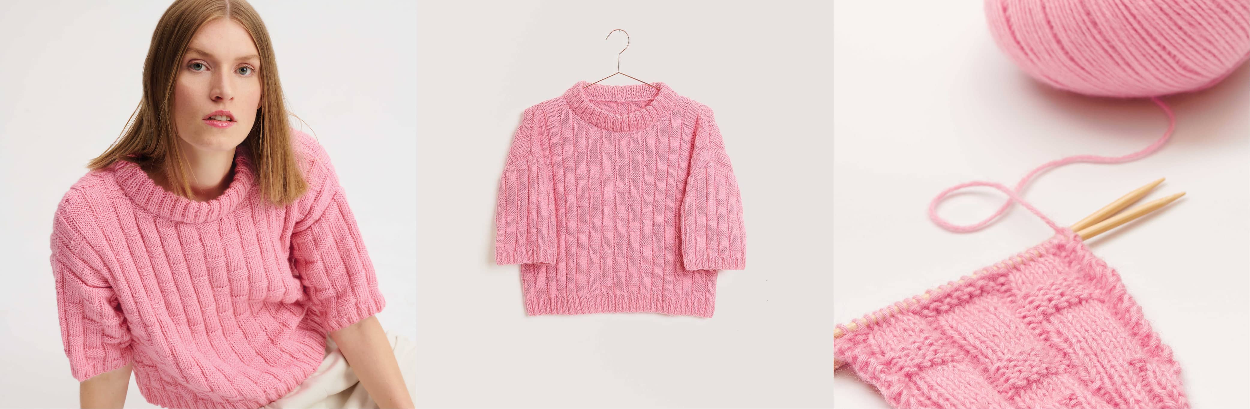 Gestricktes Shirt in Pink Modell 12 aus Made by Me No. 18 getragen am Model und auf einem Kleiderbügel. Daneben ein Strickstück in Pink an Stricknadeln