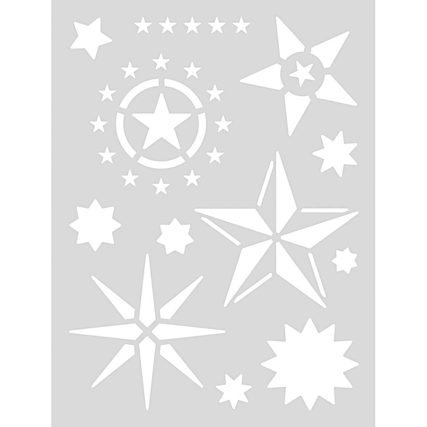 Schablone Stene 18,5x24,5cm selbstklebend von Rico Design zeigt verschiedene Sternmuster auf grauem Hintergrund.