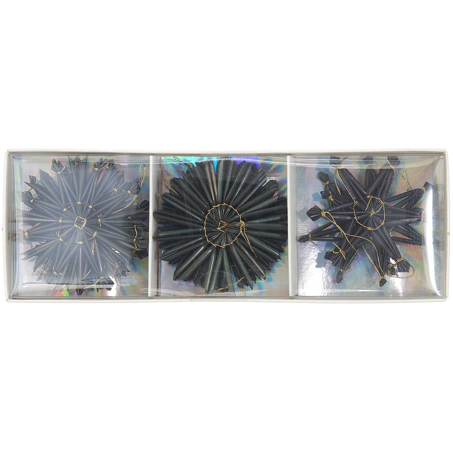 Strohstern-Set 6x6cm: Neunteiliges Set von Rico Design mit kunstvoll geflochtenen schwarzen Strohsternen.