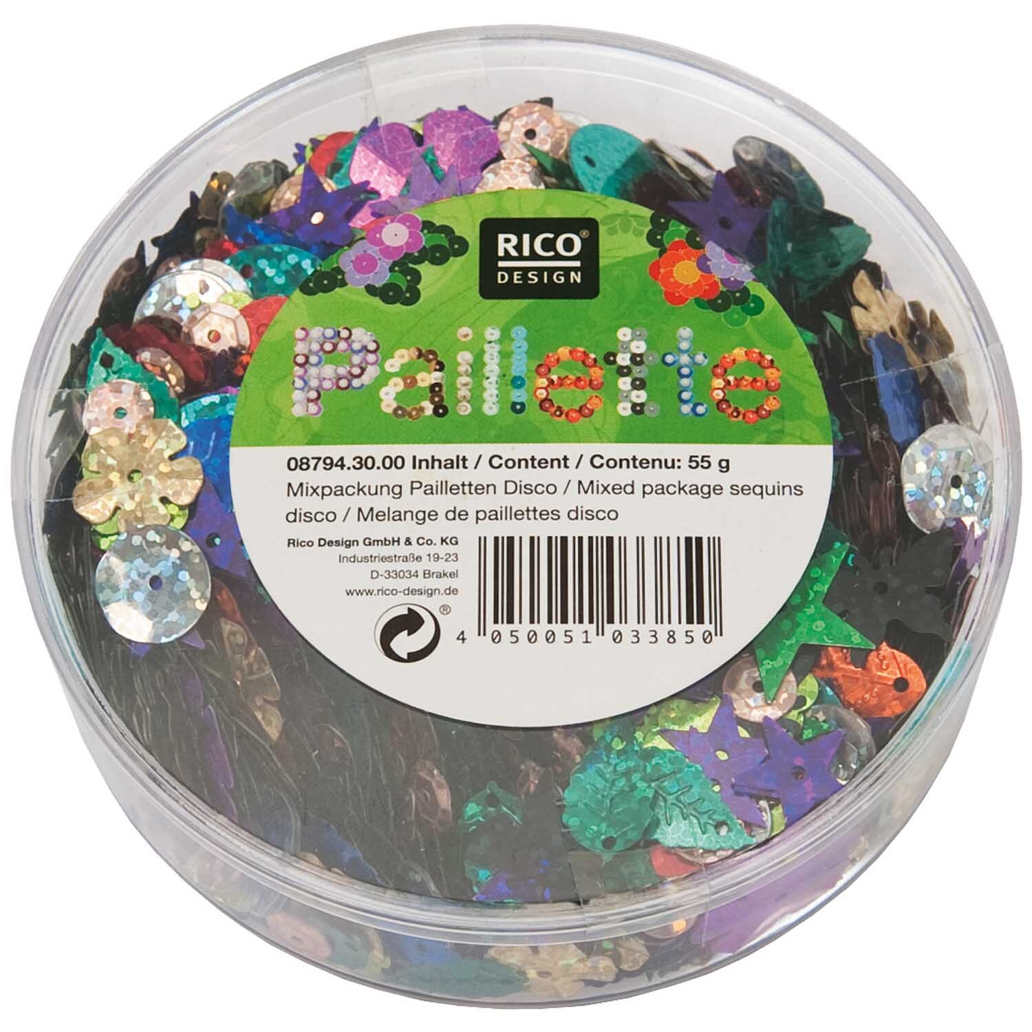 Pailletten Mix Disco in runder Verpackung, 55g, von Rico Design, mit bunten Pailletten.