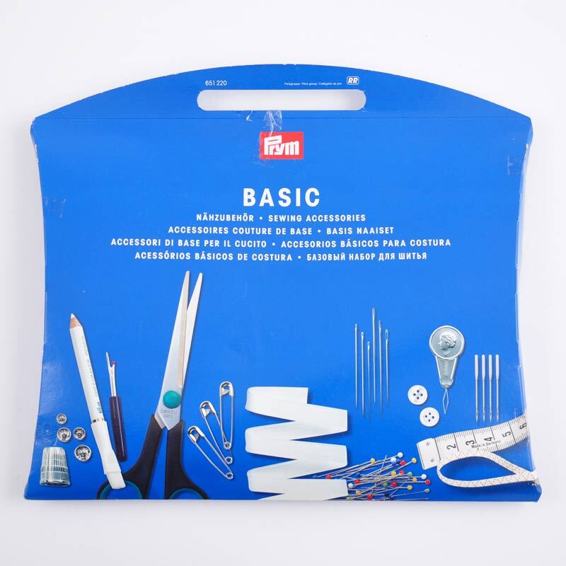 Basic Nähzubehör: Mehrfarbiges Set mit Schere, Nadeln und Maßband in blauer Prym-Verpackung.