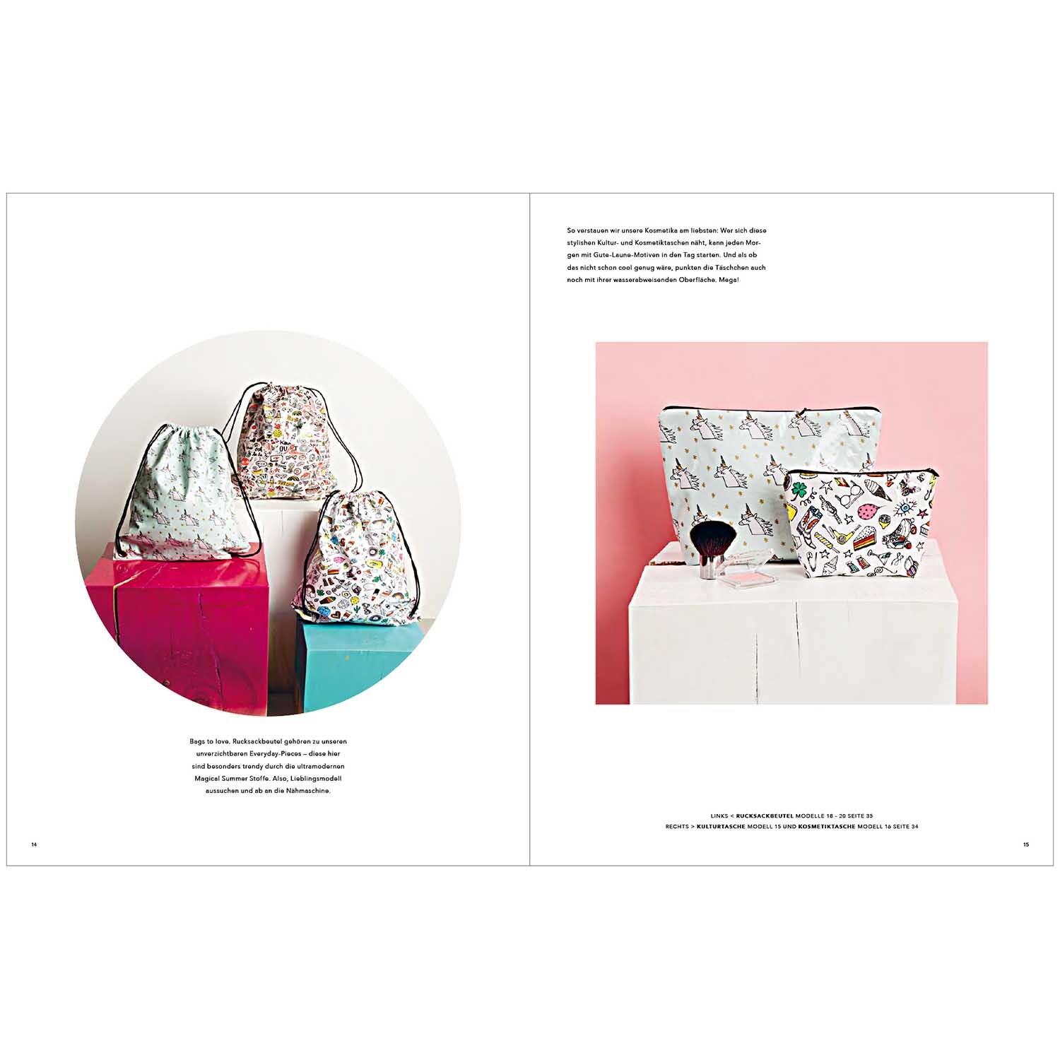 Das Kleine Rico Nähbuch Magical Summer zeigt bunte Taschen auf farbigen Blöcken, ideal für kreative Nähprojekte.