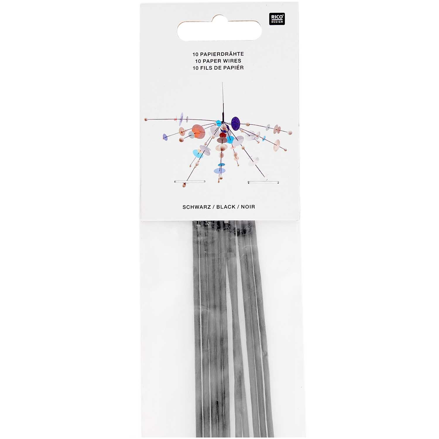 Papierdraht 1,8mm 1m 10 Stück von Rico Design in Schwarz, verpackt in einer transparenten Tüte.