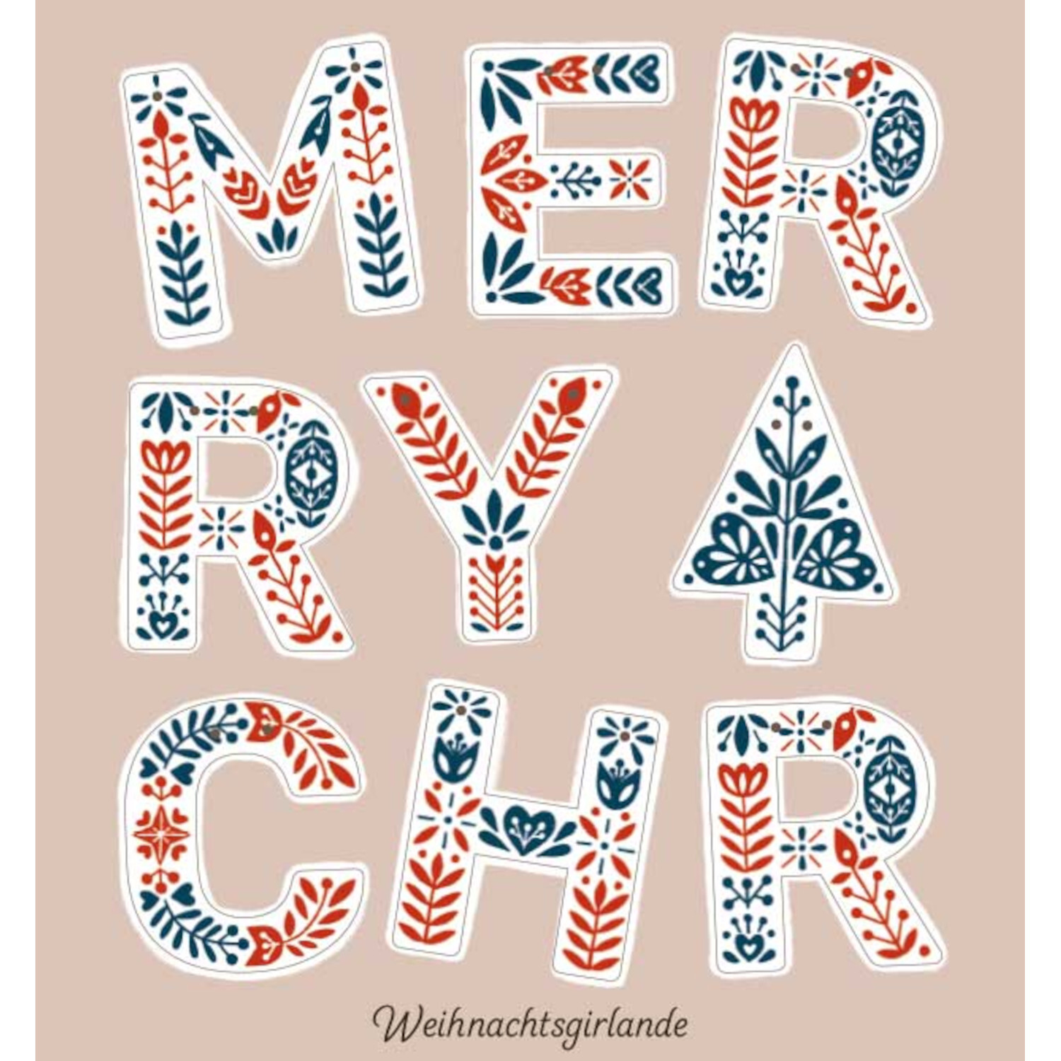 Verbastelbuch - Meine kreative Weihnachtszeit: Bunte Buchstaben in Rot und Blau formen "MERRY CHR" auf beigem Hintergrund.
