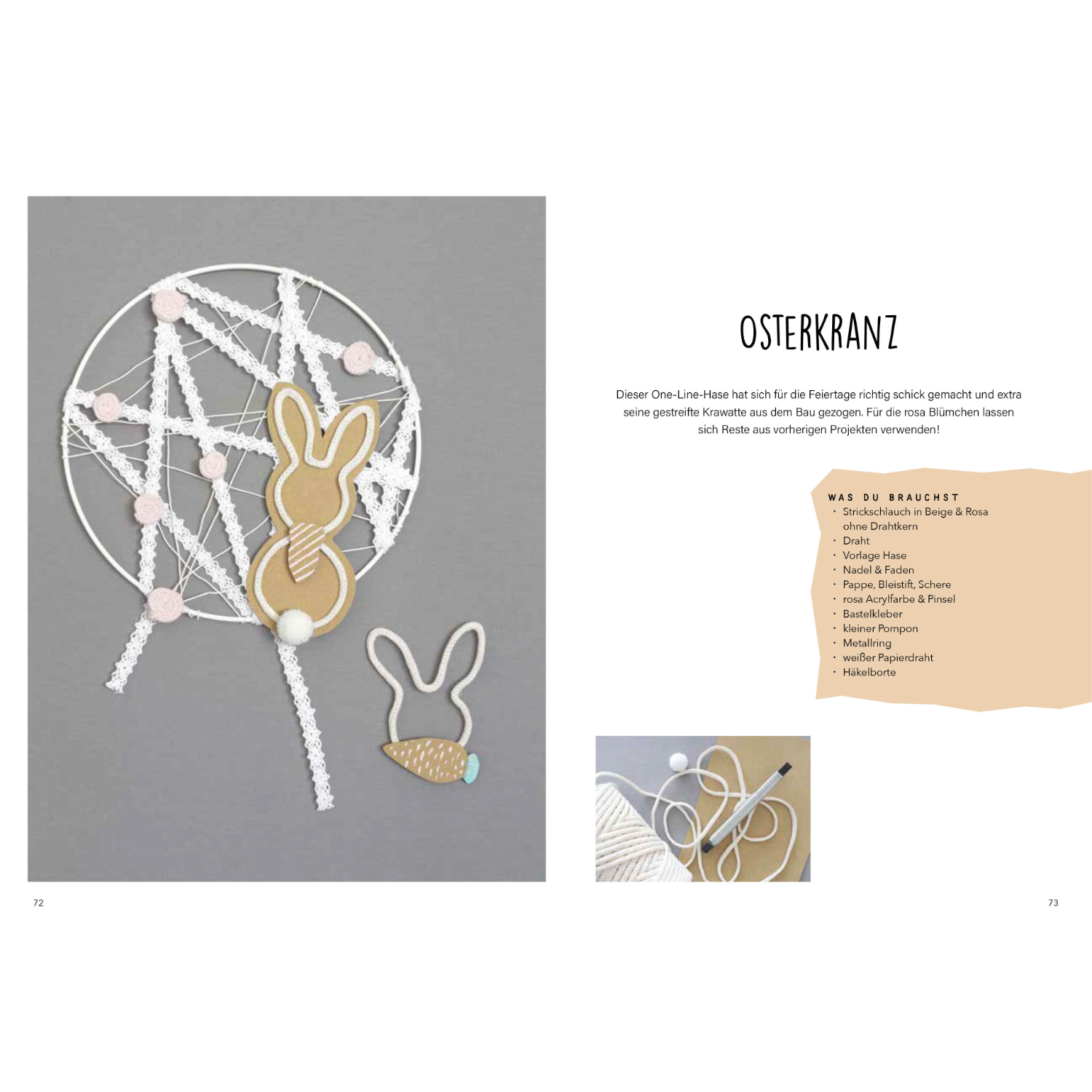 Deko-Ideen aus Strickschlauch: Ein Osterkranz mit Hasenmotiv und Strickdetails auf grauem Hintergrund. Ideal für kreative Projekte.