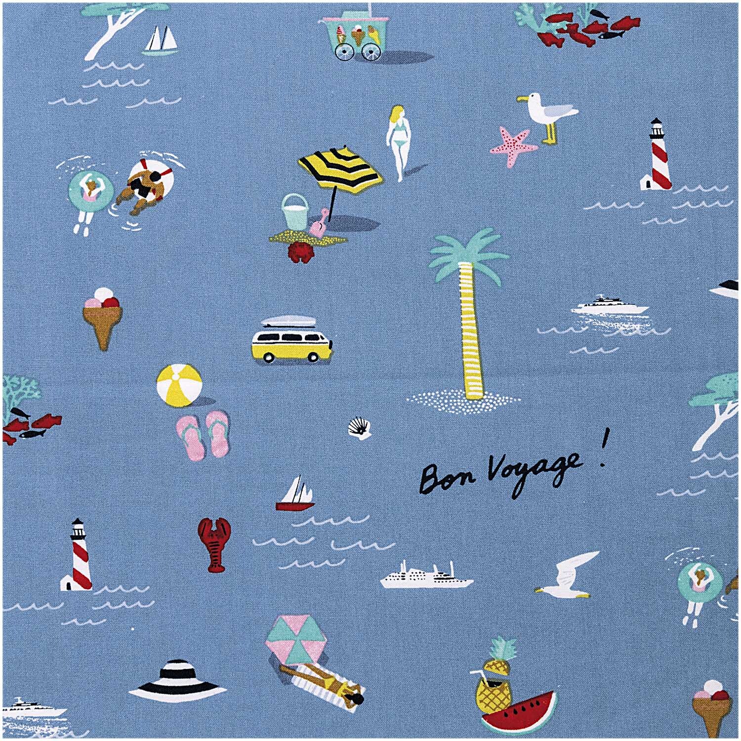 Druckstoff Bon Voyage blau 140cm mit maritimen Motiven wie Palmen, Leuchttürmen und Strandaccessoires auf blauem Hintergrund von Rico Design.