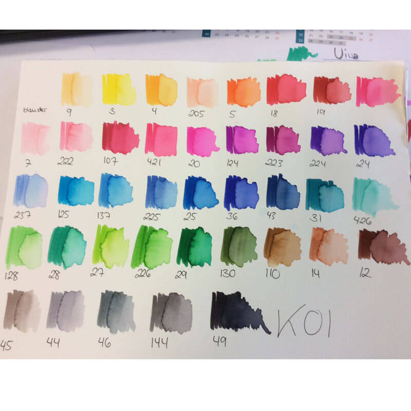 Coloring Brush Pen: Farbpalette von Koi mit verschiedenen Farbtönen auf einem weißen Papier.