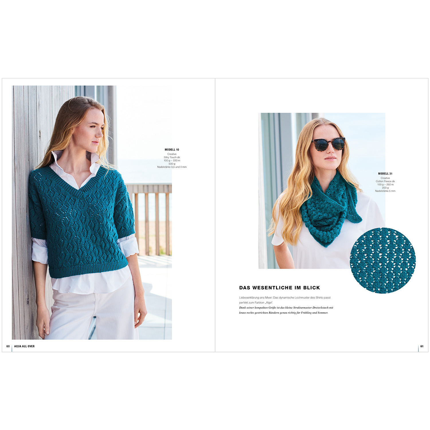 Lovewool Nr.18 Handstrickmagazin Frühjahr-Sommer zeigt ein blaues Strickoberteil und Schal von Rico Design, getragen von einer Frau am Strand.