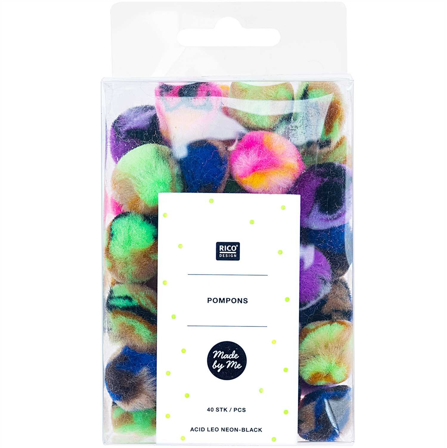 Pompons Acid Leo 25mm 40 Stück von Rico Design in leuchtenden Neon-Schwarz-Tönen in einer transparenten Verpackung.