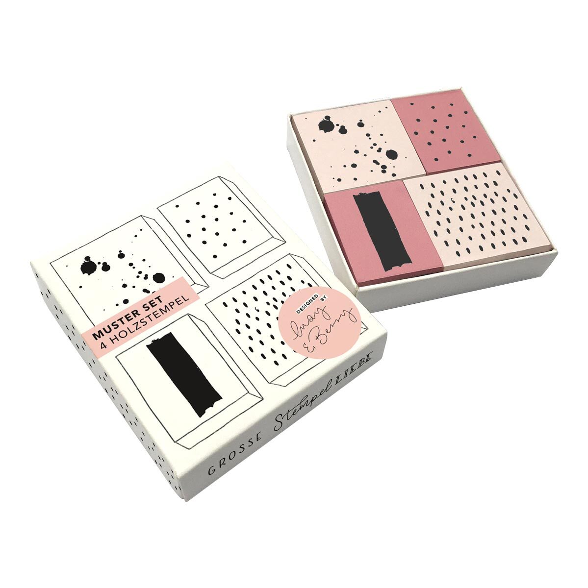 Stempelset Pattern von May&Berry in Rosa, bestehend aus 4 Holzstempeln. Die Verpackung zeigt stilisierte Muster und das Markenlogo. Ideal für kreative Projekte.