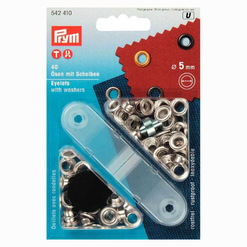 Ösen mit Scheiben silber 5mm 40 Stück von Prym, verpackt in einer blauen und roten Box.