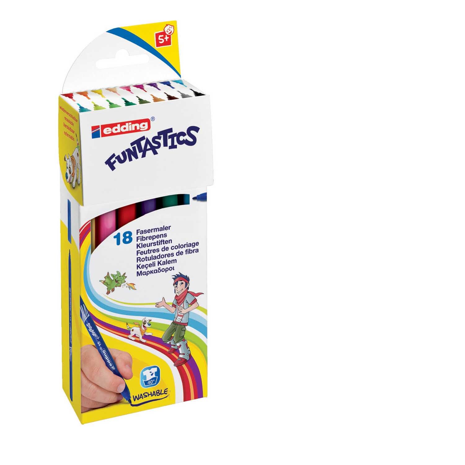 Funtastic Filzstifte dünn 18er Set von edding, ideal für kreative Projekte, in bunter Verpackung.