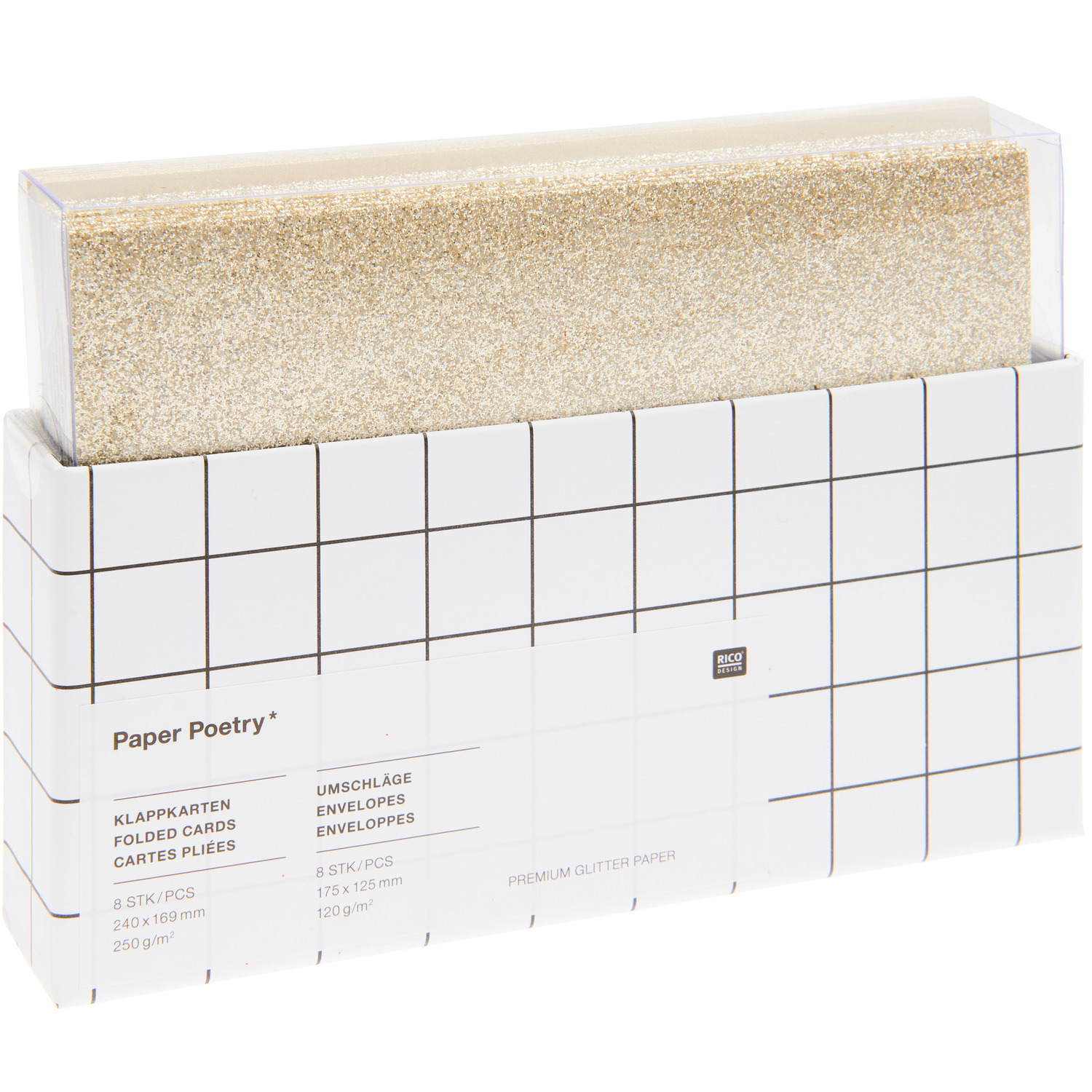 Paper Poetry Karten- und Umschlagset in Gold mit Glitter, 16-teilig, von Rico Design in eleganter Verpackung.