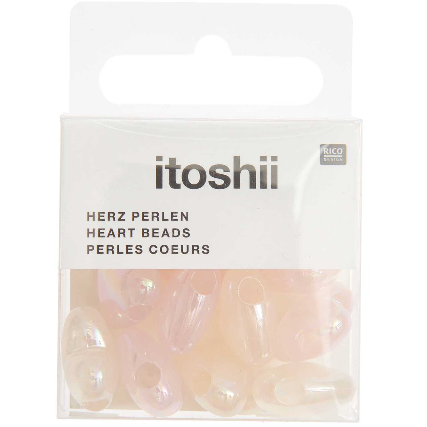 itoshii Herz Perlen in holographischem Rosa, 17x15x9mm, 12 Stück, von Rico Design in Verpackung.