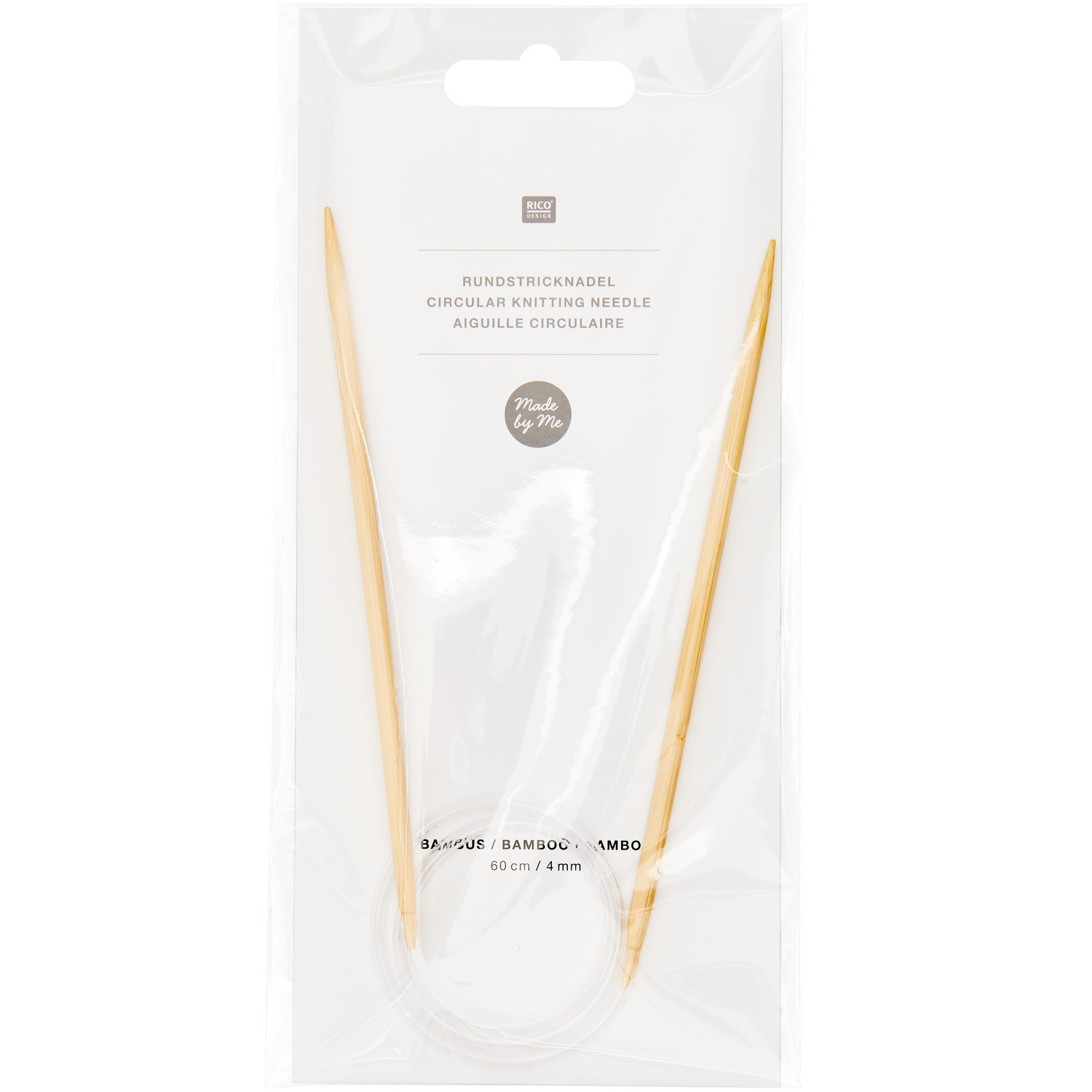 Rundstricknadel 60cm Bambus von Rico Design, aus Bambus, in Verpackung mit transparentem Design. Ideal für Strickprojekte.