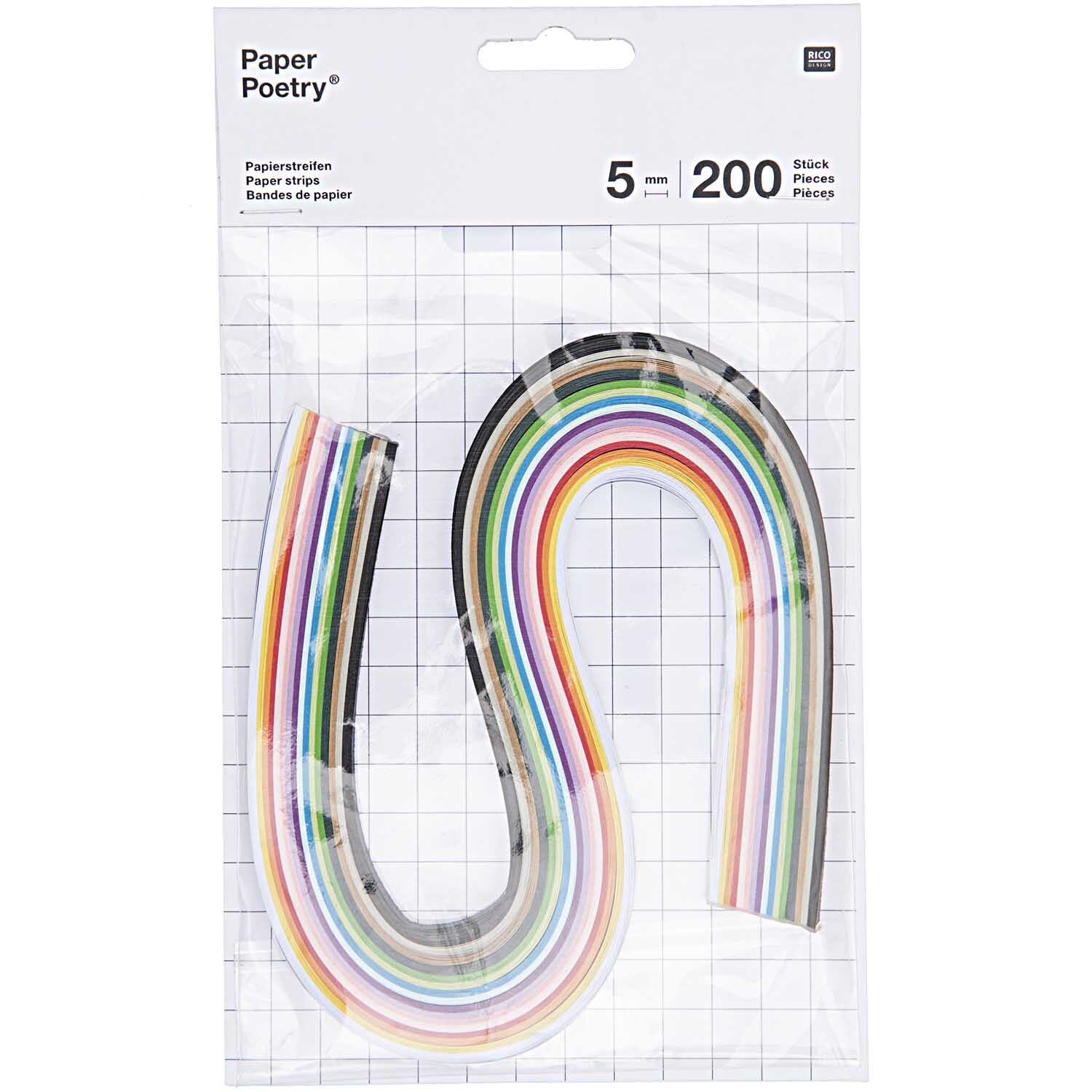Paper Poetry Quilling Papierstreifen, 5 mm, 200 Stück, in verschiedenen Farben, verpackt in einer transparenten Tüte von Rico Design.