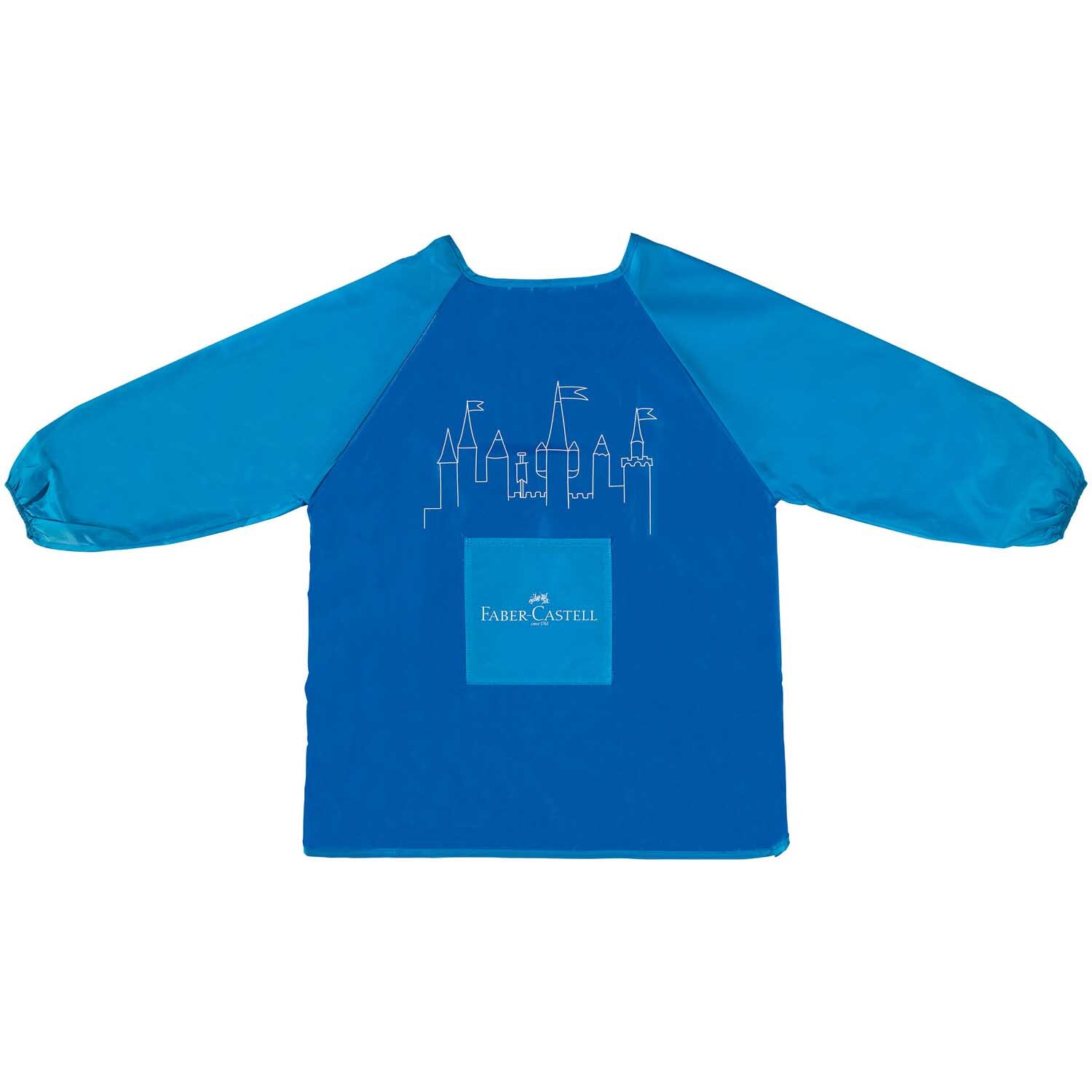 Malschürze für Kinder in leuchtendem Blau mit langen Ärmeln und Faber Castell Logo, ideal zum Malen.