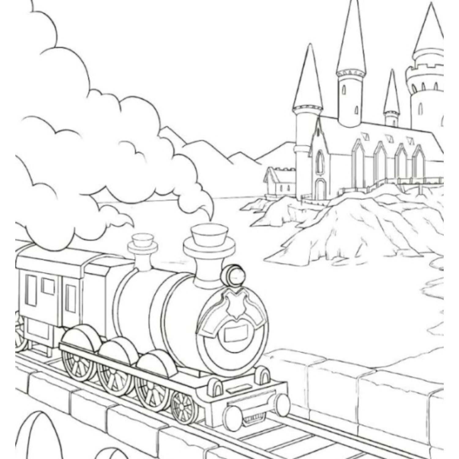 Magische Welten - Harry Potter Ausmalbuch: Zug vor Schlosskulisse, ideal zum Ausmalen.