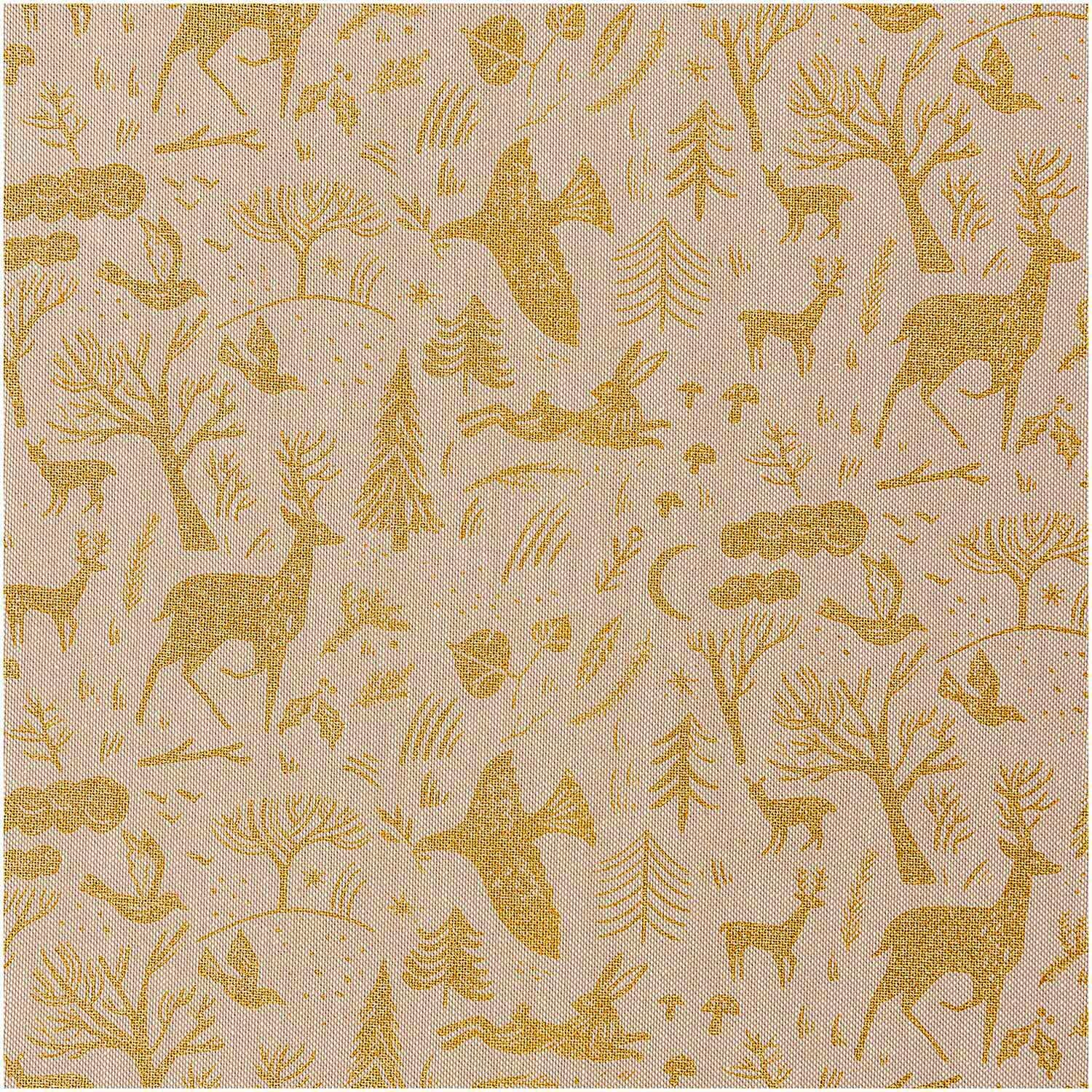 Stoff Leinenoptik mit nostalgischem Weihnachtsmotiv zeigt goldene Waldtiere und Bäume auf naturfarbenem Hintergrund. Ideal für festliche Dekorationen.