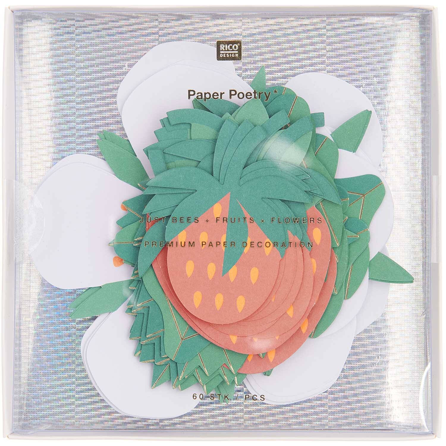 Paper Poetry Papierdekoration Erdbeeren und Blüten 60 Stück von Rico Design