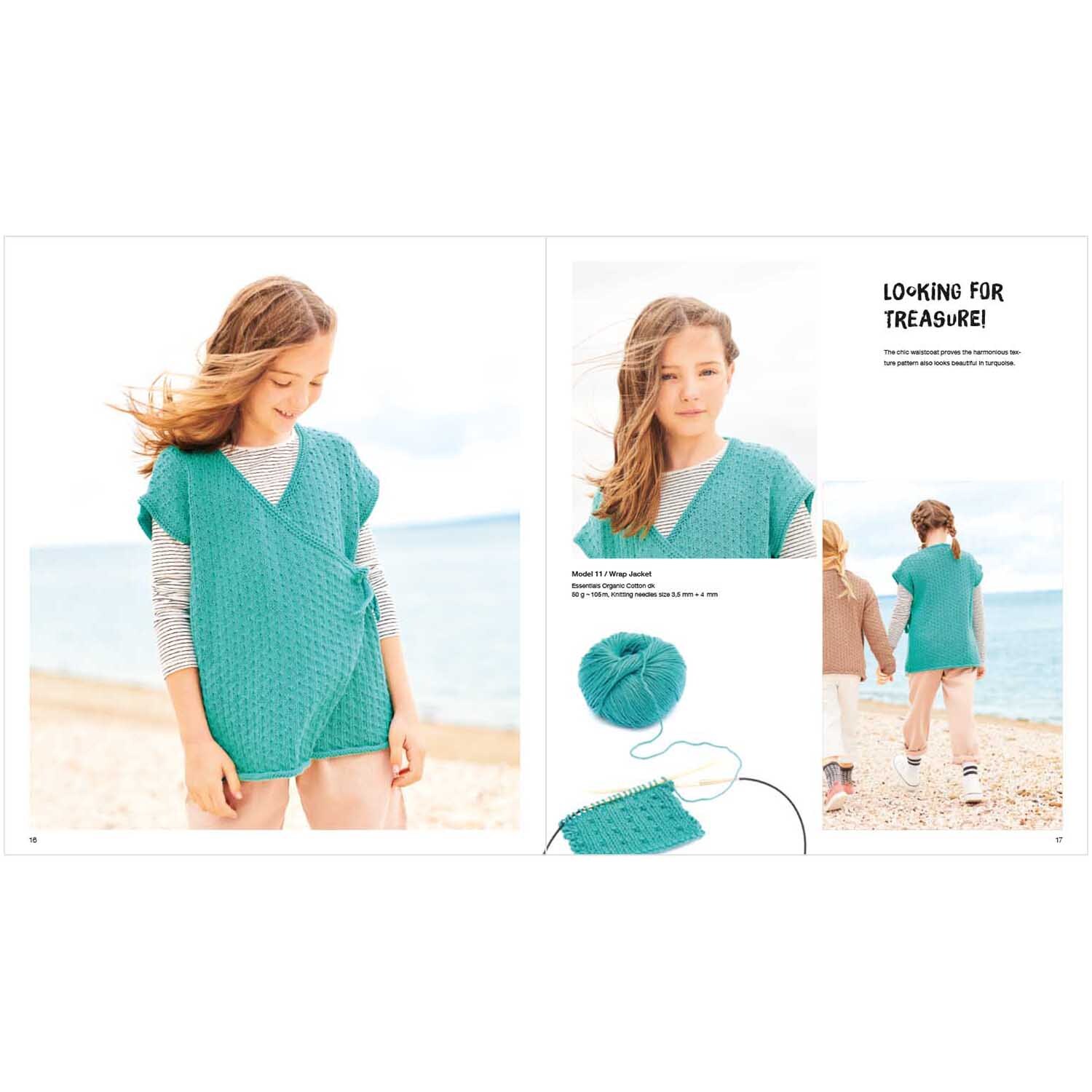 Kids Nr.10: Mädchen in türkisfarbenem Strickoberteil am Strand, Rico Design.