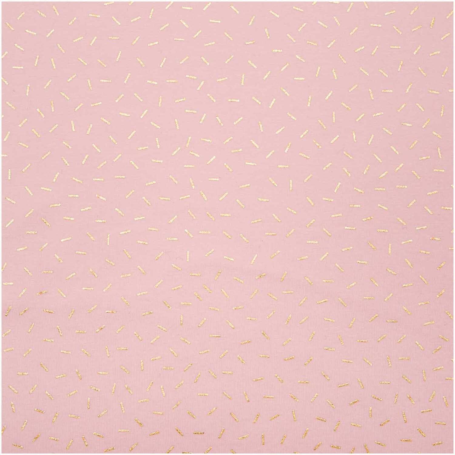 Jerseystoff Striche rosa 145cm von Rico Design zeigt ein zartes Muster aus goldenen Strichen auf rosa Hintergrund. Ideal für kreative Nähprojekte.