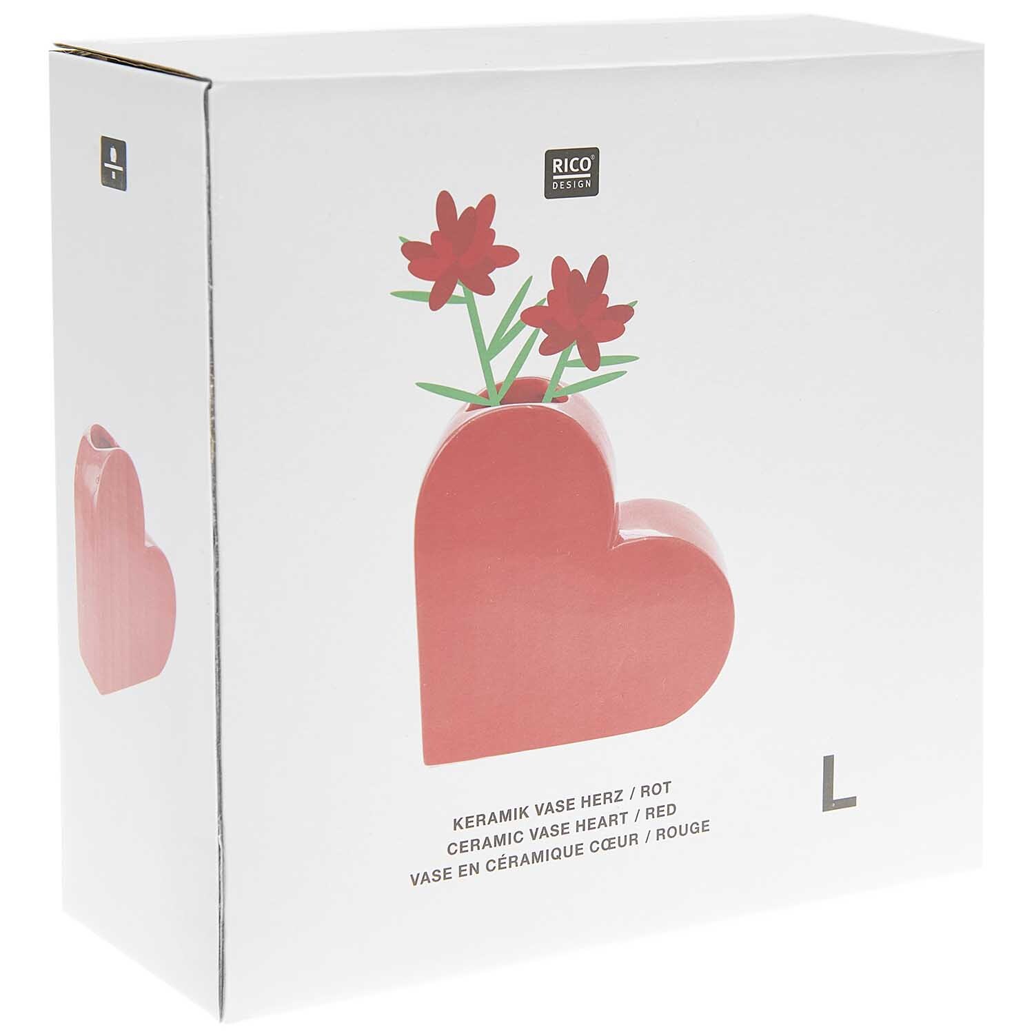 Keramik Vase Herz groß 16x6x16cm von Rico Design in Herzform mit roten Blumen auf weißem Hintergrund.