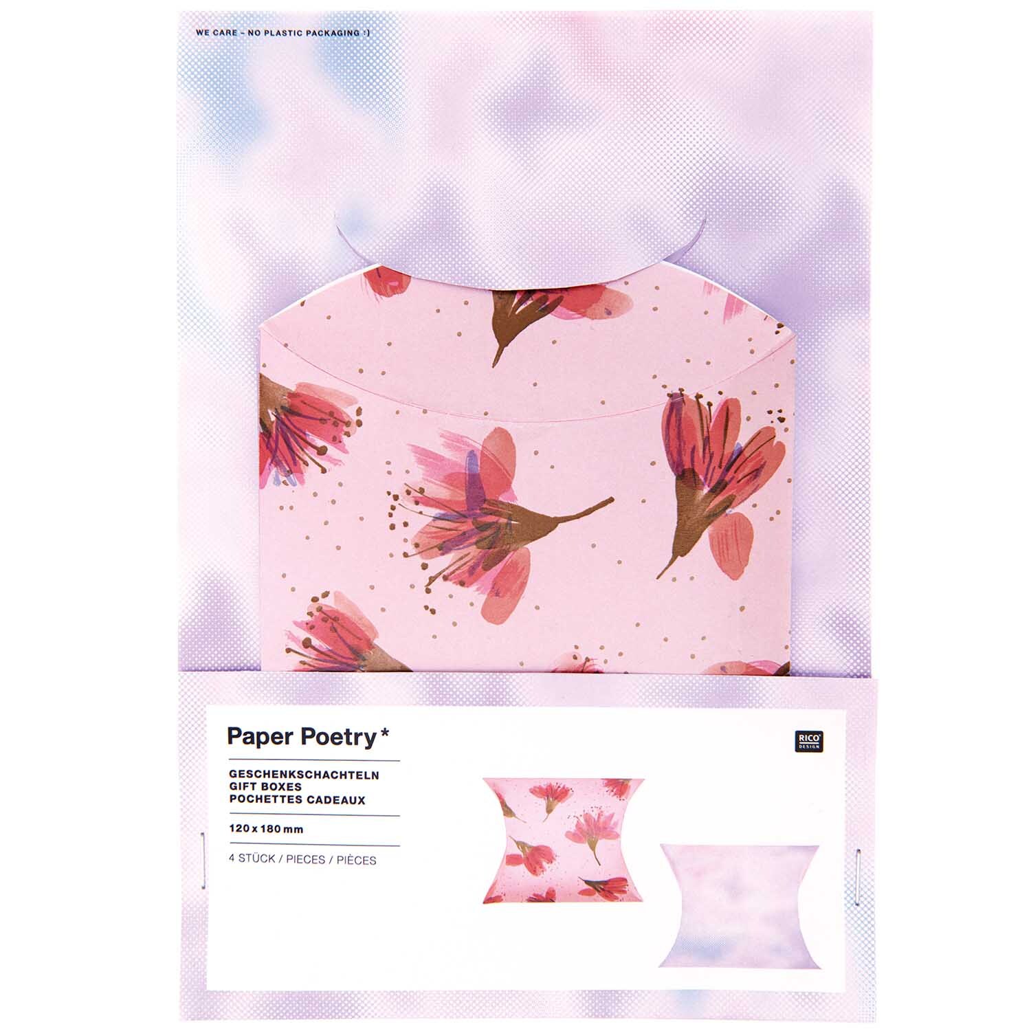 Paper Poetry Geschenkschachteln mit floralen Mustern auf rosa Hintergrund, 12x18cm, 4 Stück. Ideal für stilvolle Geschenkverpackungen.